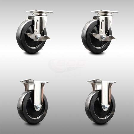 Service Caster 5 Inch 316SS Hard Rubber Wheel Swivel Top Plate Caster Brake 2 Rigid SCC, 2PK SCC-SS31620S514-HRS-TLB-2-R-2